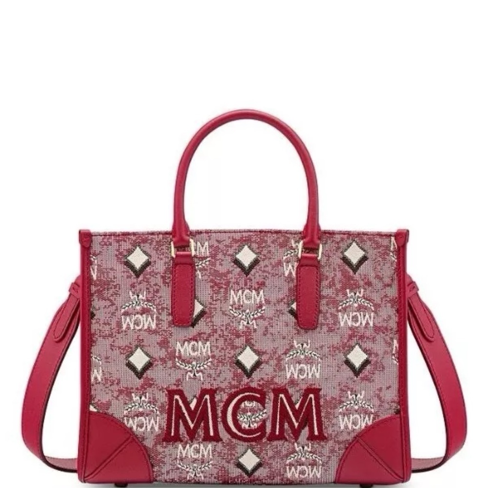 MCM Red Tote Bag with Signature Monogram